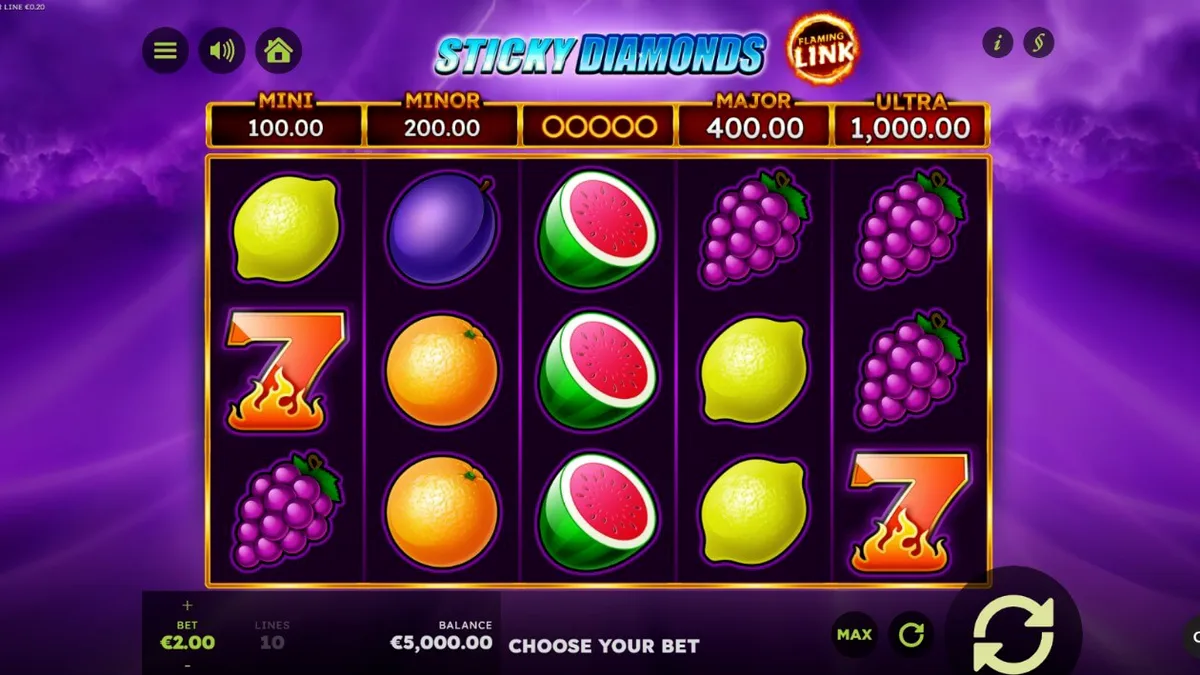 Tampilan layar permainan slot Sticky Diamonds Flaming Link dengan simbol buah dan berlian